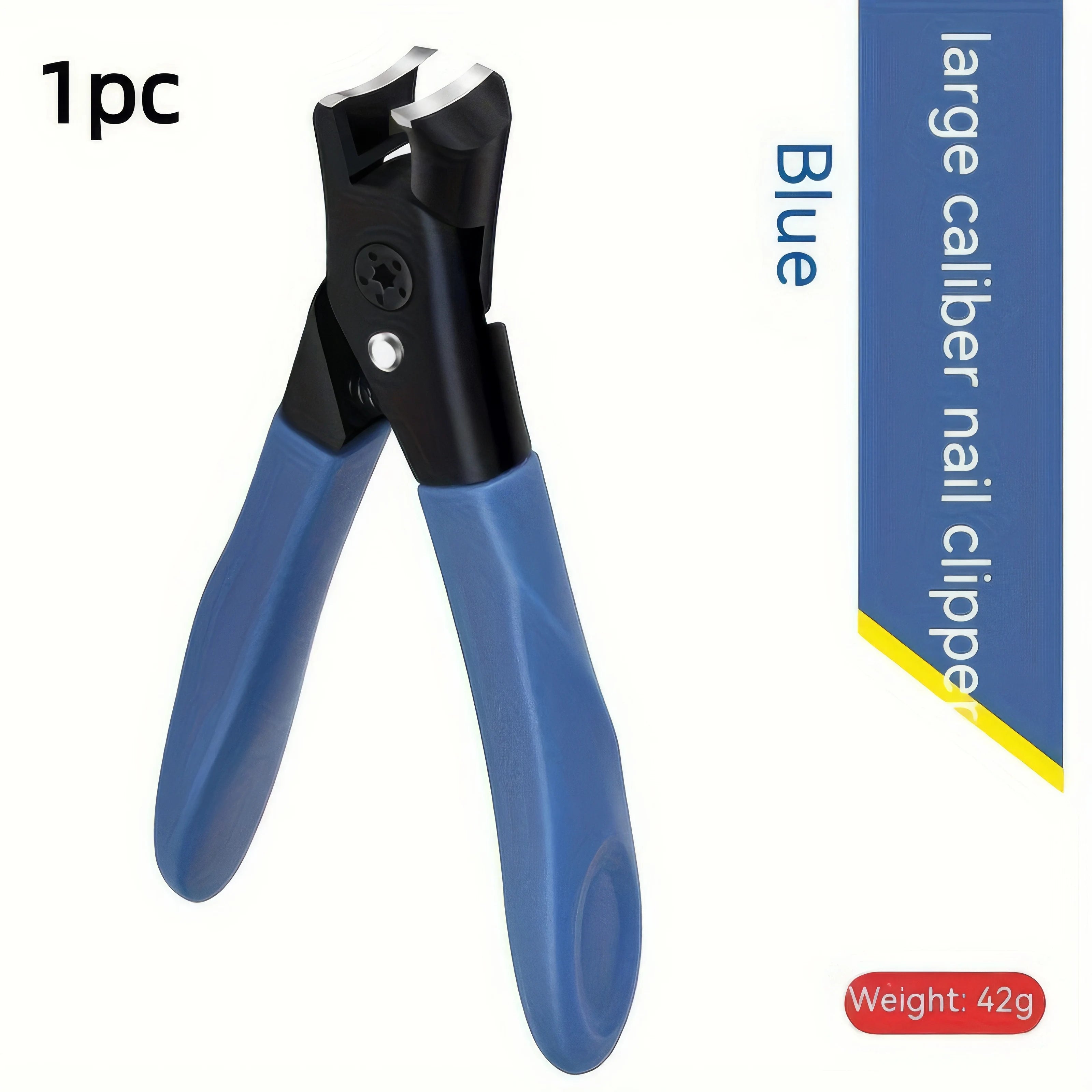 Blue nail clipper with black handle on a white background