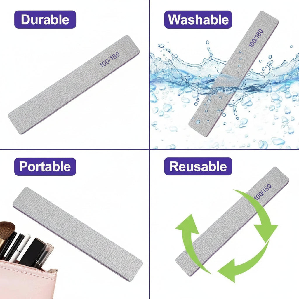 Nail file with features labeled as durable, washable, portable, and reusable.