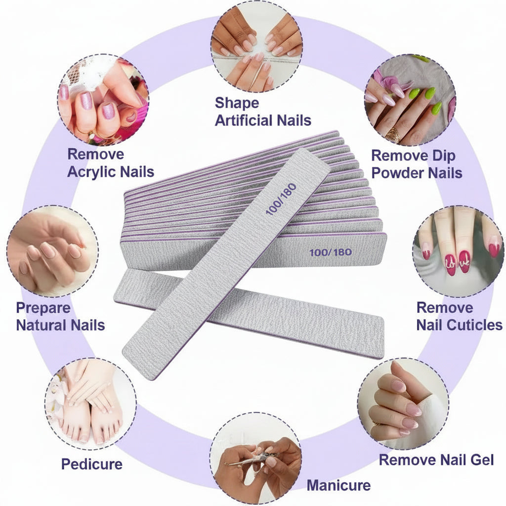 Set of nail files with step-by-step nail care illustrations on a white background