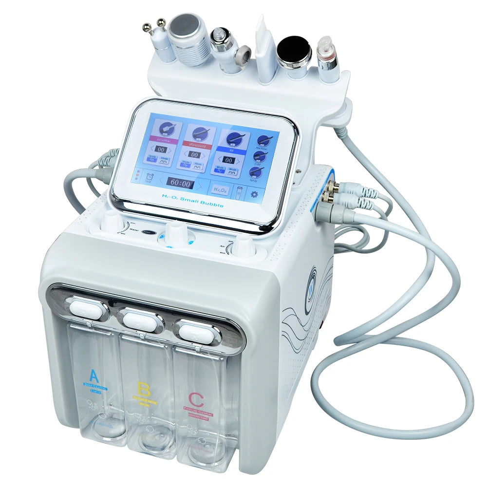 Cosmetic device with digital display and multiple nozzles on a white background