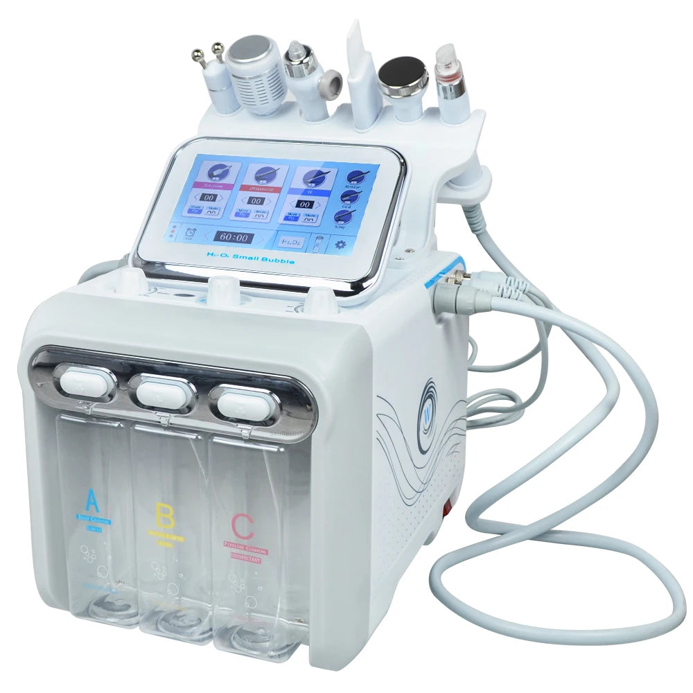 White medical device with digital display and multiple nozzles on a white background