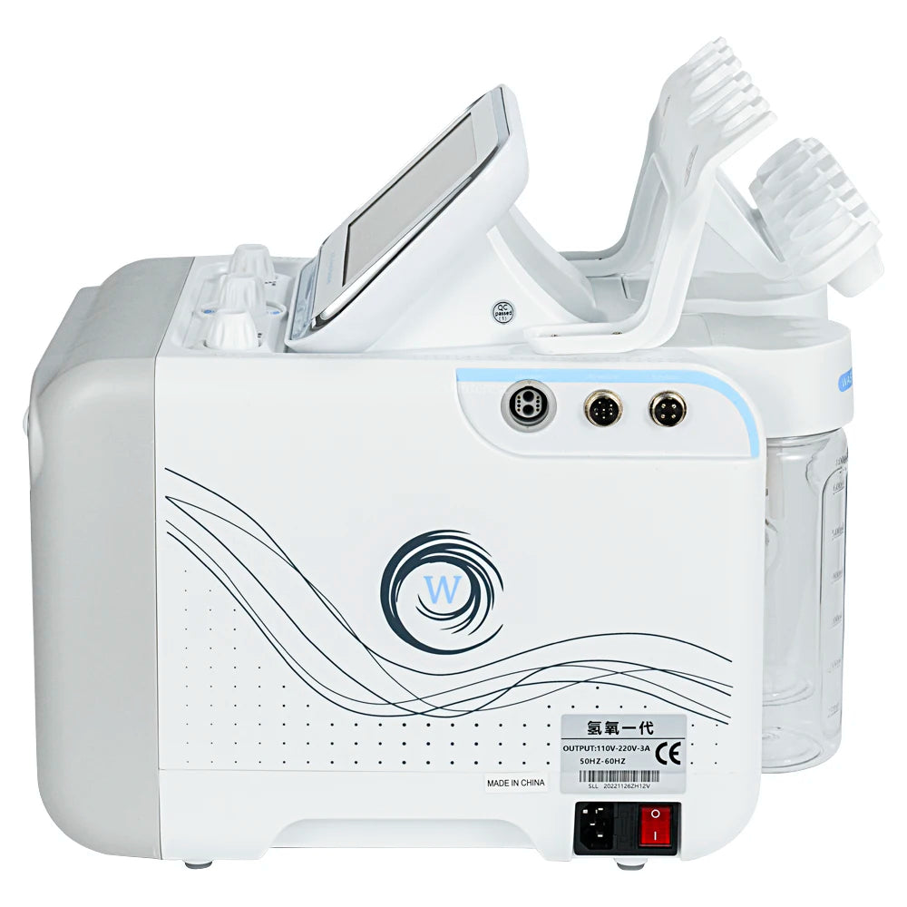 White electronic device with various ports and controls on a white background