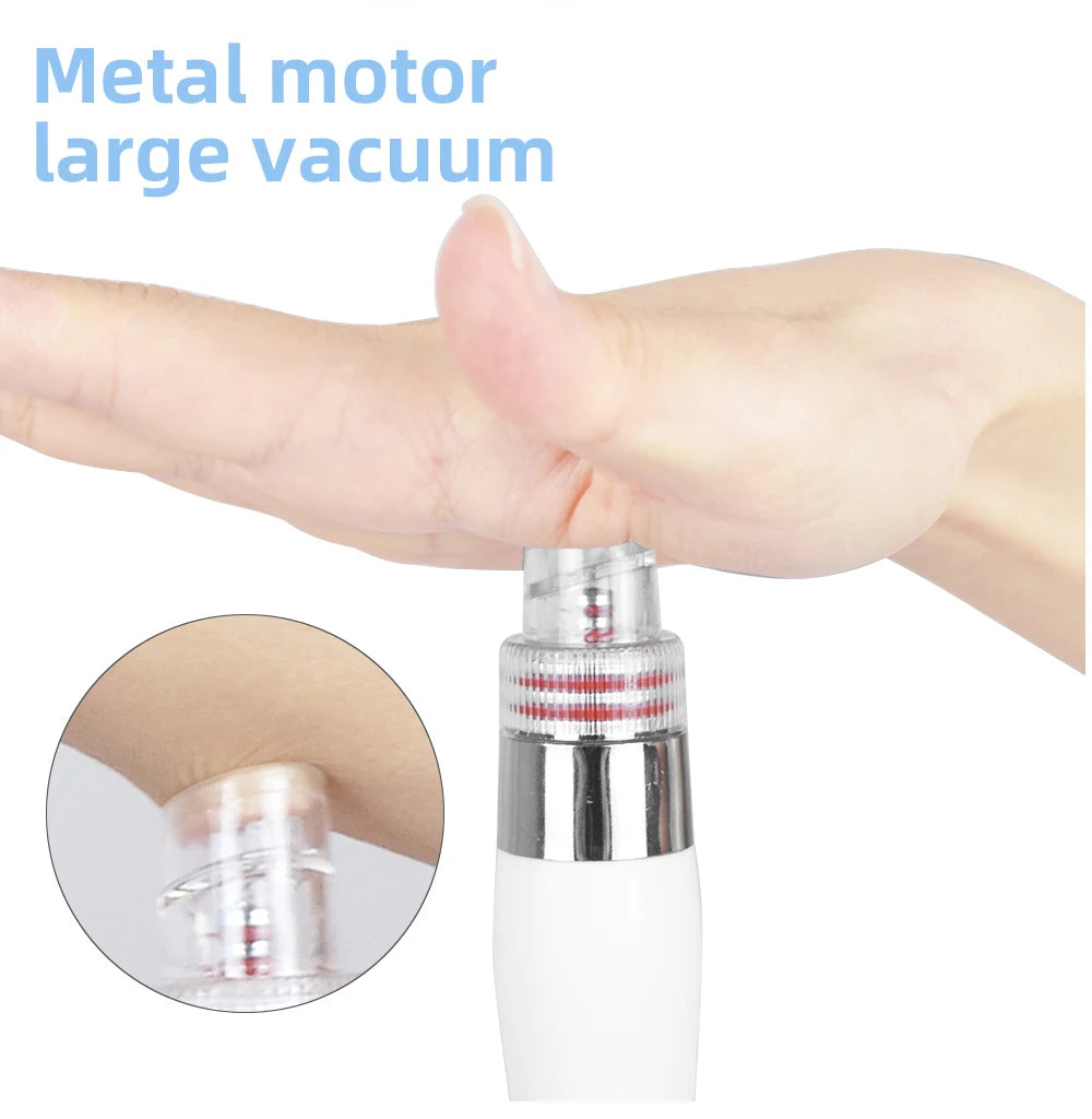 Hand using a white and silver device with metal motor and large vacuum on a white background.