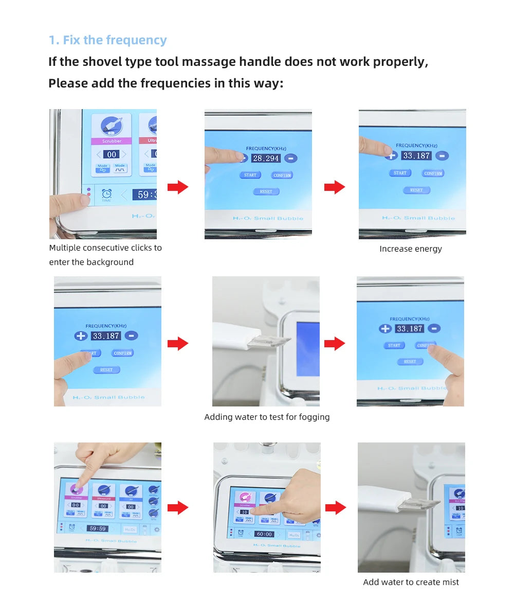 Instructions on using a device with a digital display for frequency adjustments and operations.