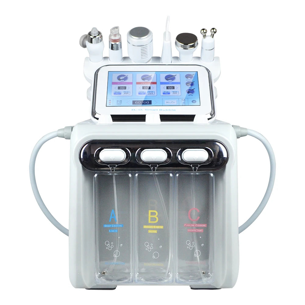 Skincare device with multiple nozzles and a digital display on a white background