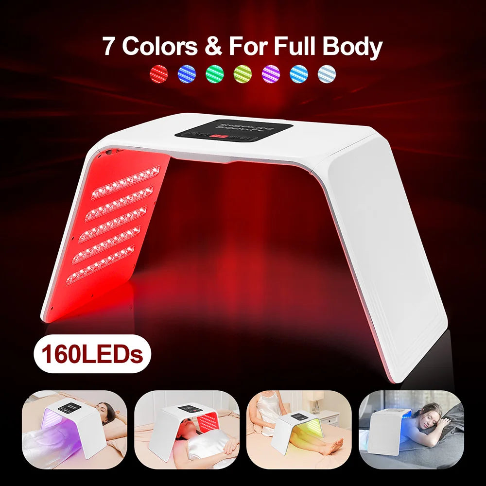 LED light therapy device with 7 color options and 160 LEDs on a dark background.