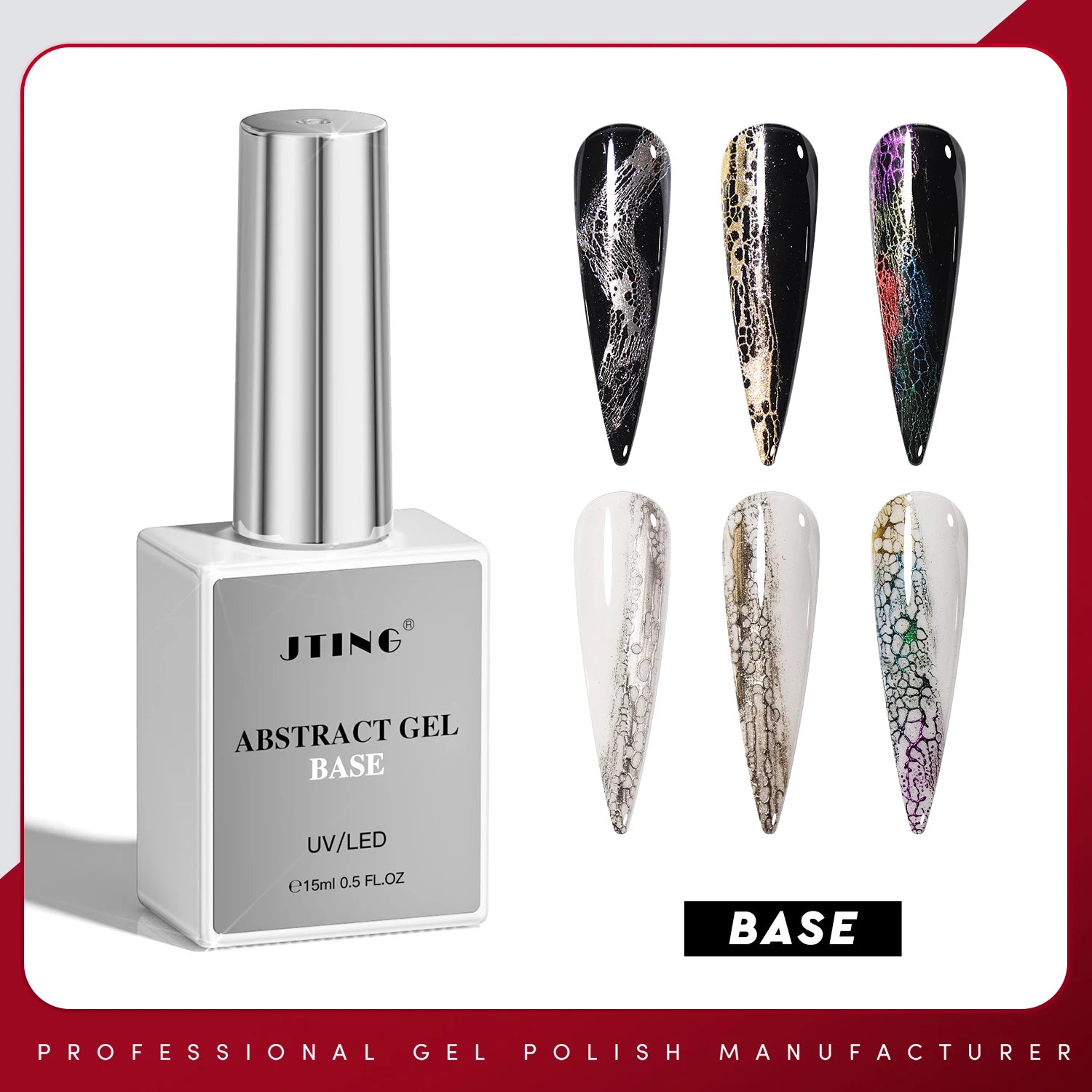 Abstract gel base nail polish with decorative nails on a white background