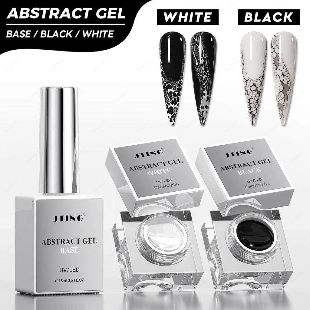 JING Abstract Gel set with white and black colors, including a bottle and two boxes on a white background.