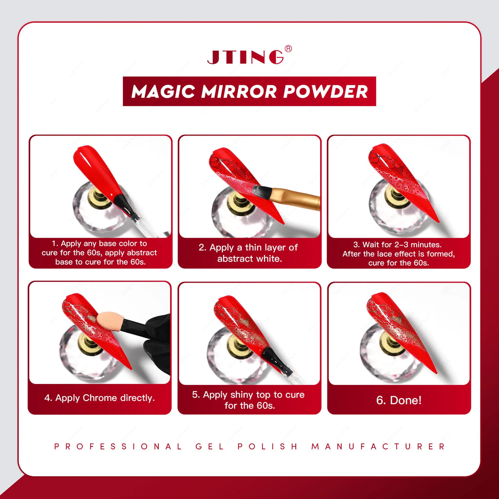 Instructions for using magic mirror powder with JTING brand on a white background