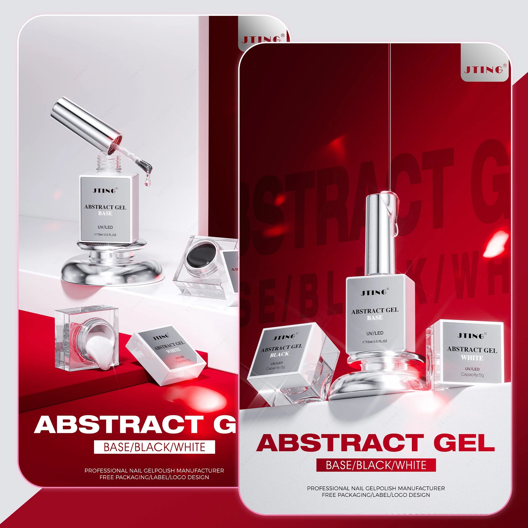 Abstract Gel nail polish set with red and white packaging on a white background