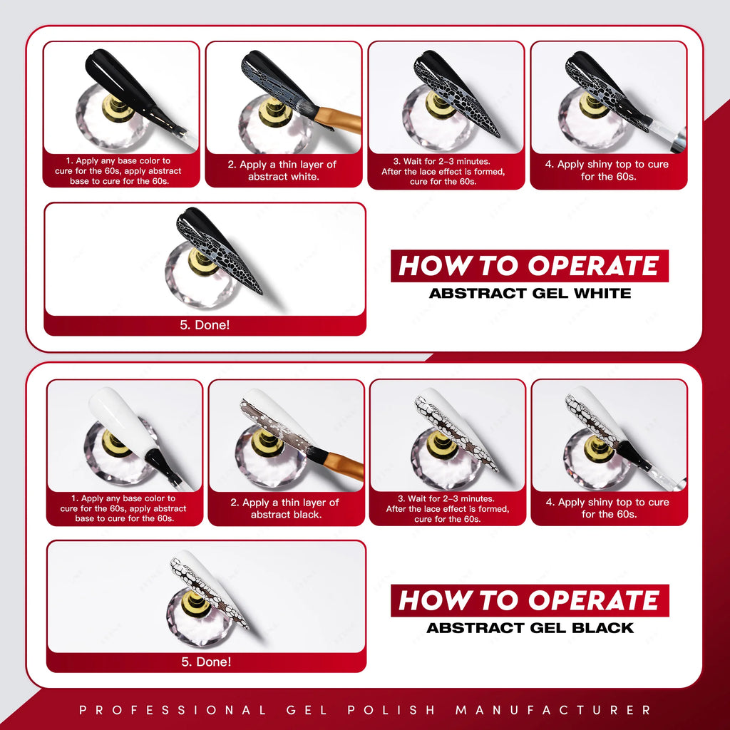 Instructions for applying abstract gel white and black on a professional gel polish manufacturer's branded background.