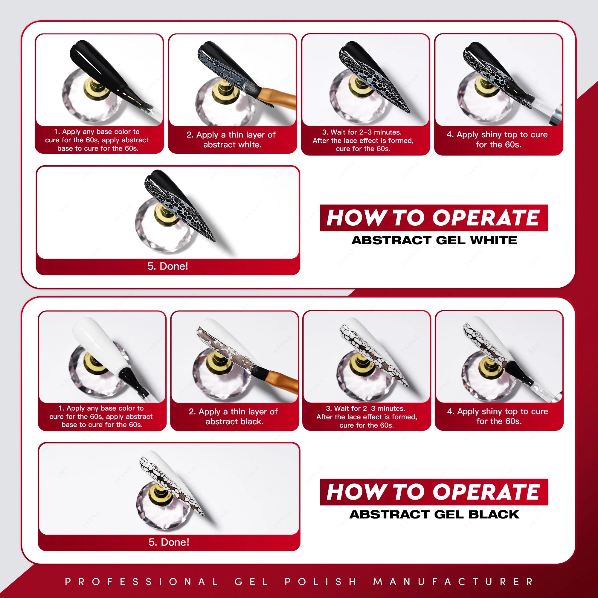 Instructions for applying abstract gel white and black on a professional gel polish manufacturer's branded background.