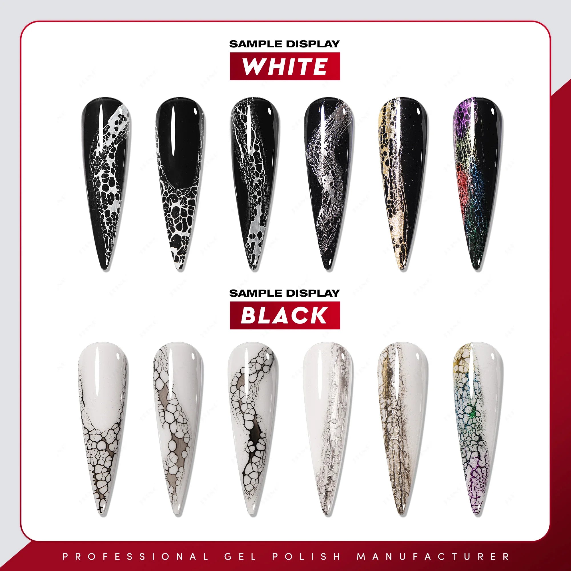 Nail art samples in white and black with decorative patterns on a white background.