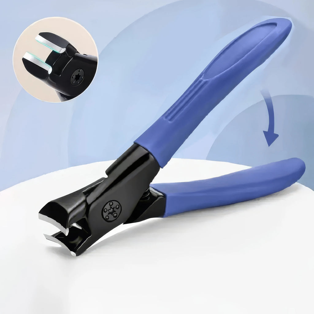 Blue and black nail clipper on a white surface with a close-up inset showing the cutting mechanism.