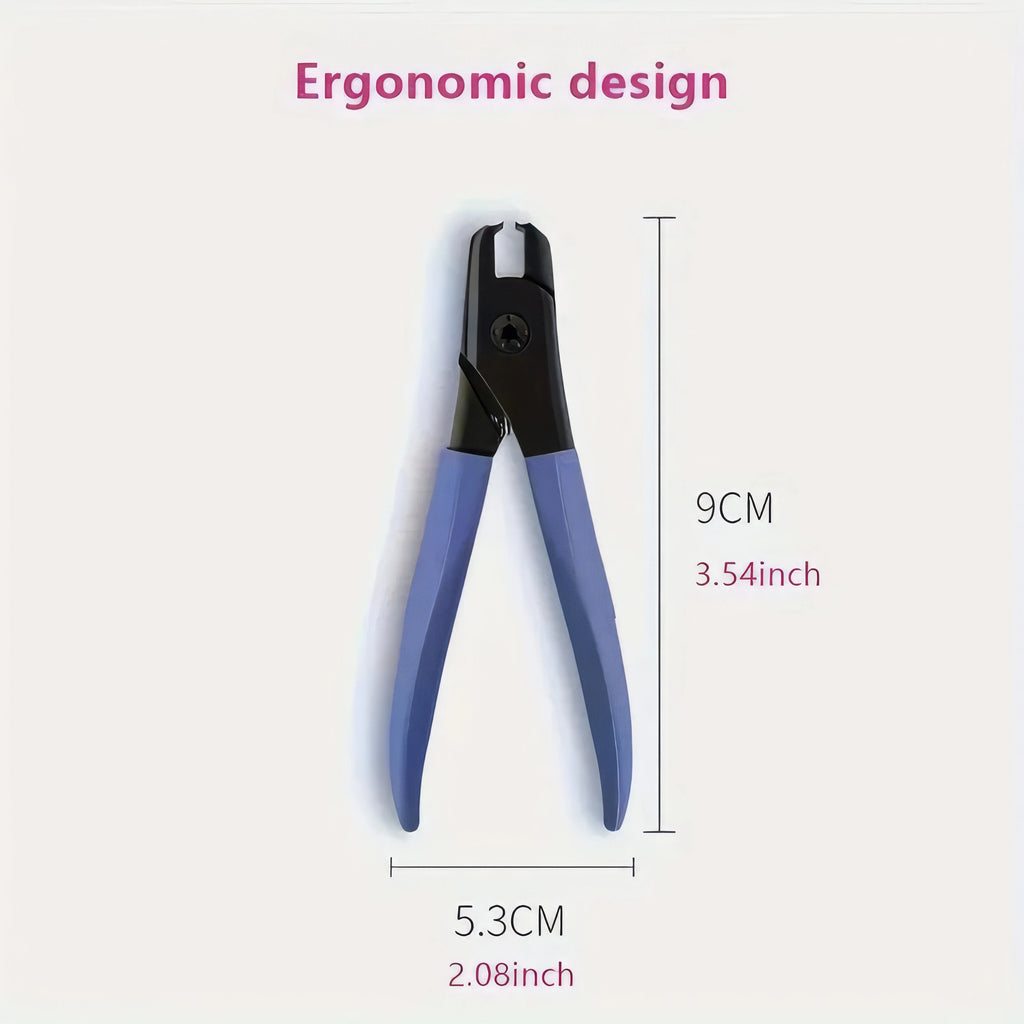 Ergonomic blue nail clipper with measurements on a light pink background.