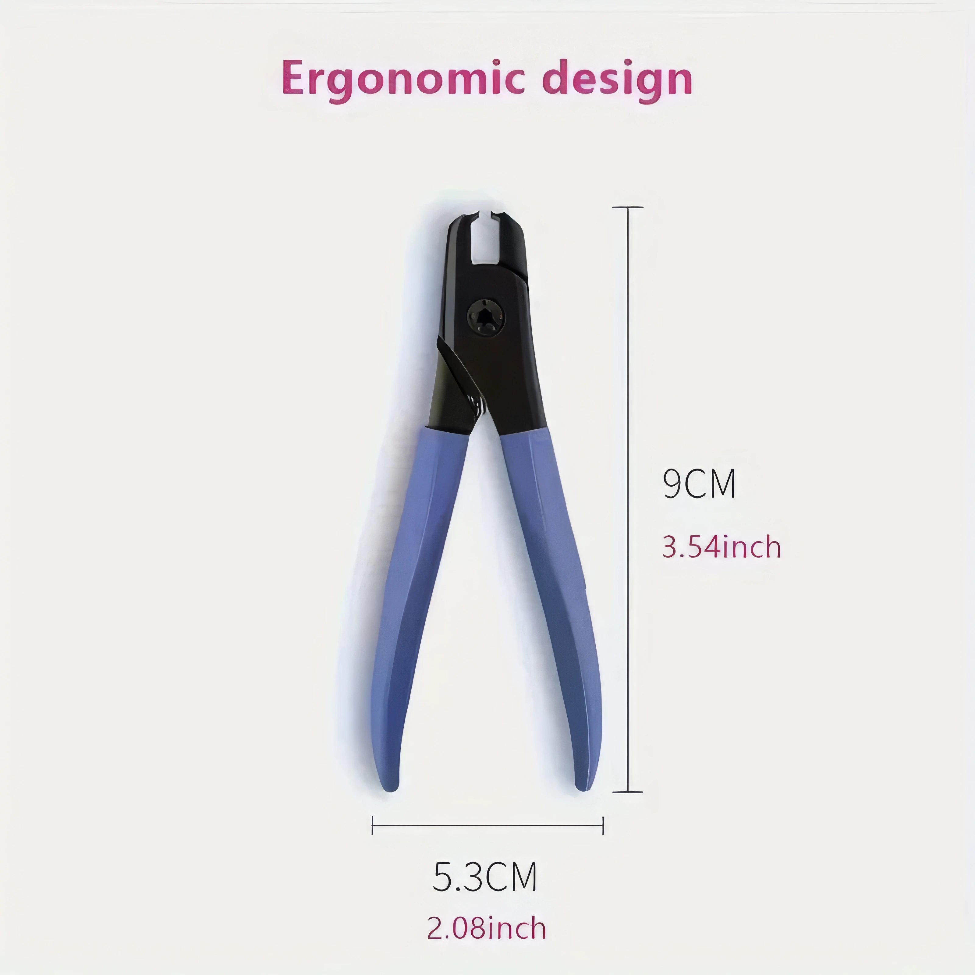 Ergonomic blue nail clipper with measurements on a light pink background.