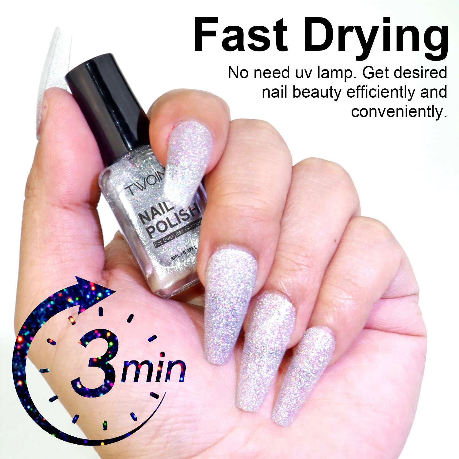 Silver glitter nail polish with a hand showing nails painted with the same polish, and text about fast drying time.