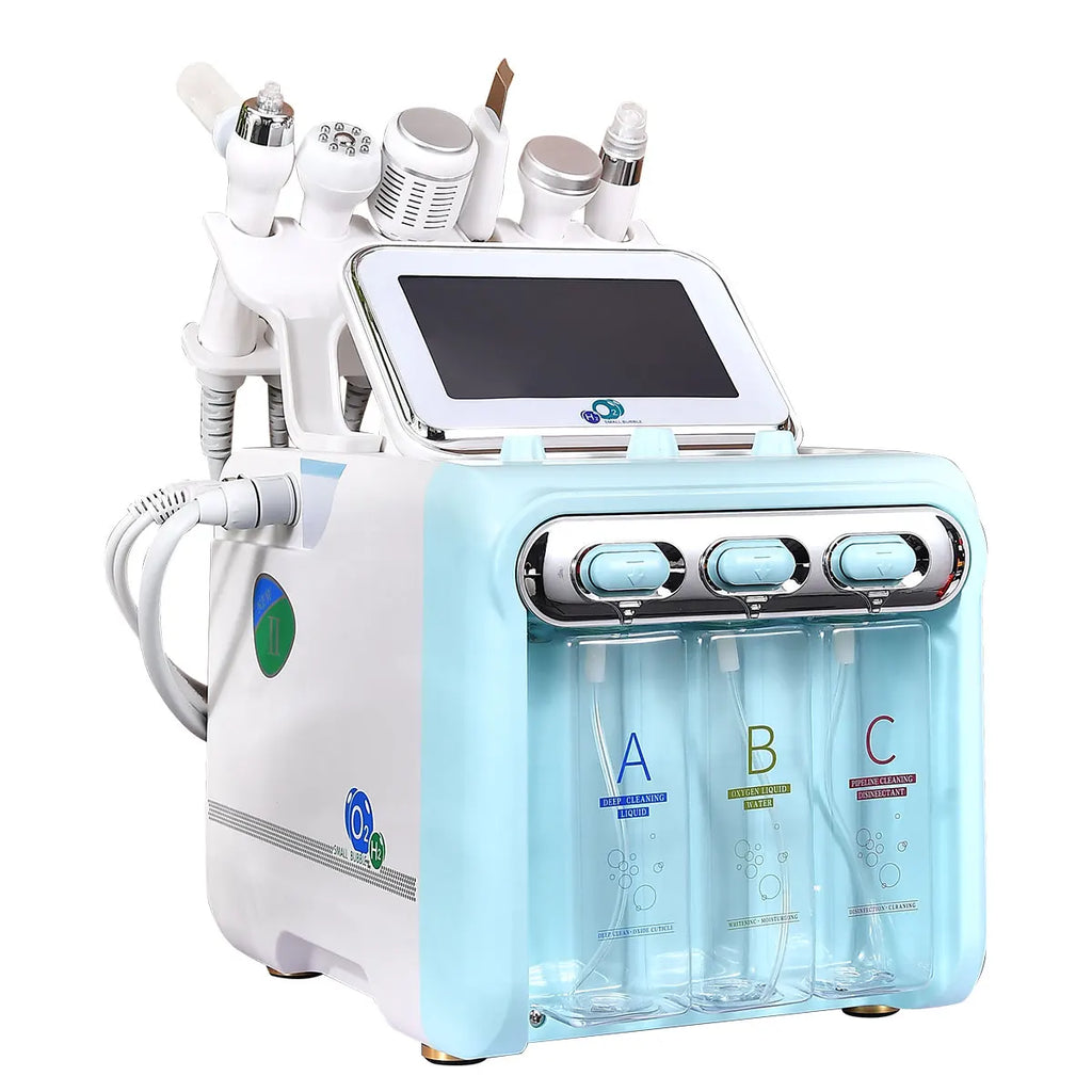 Cosmetic device with multiple attachments and a screen on a white background