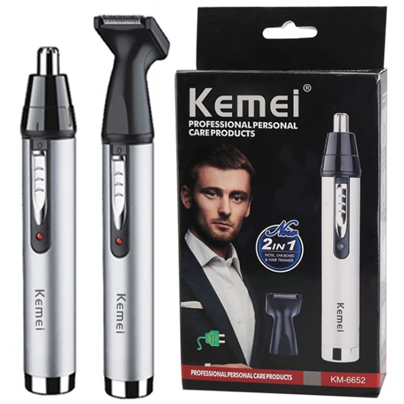 Kemei professional personal care products including a nose hair trimmer and an electric shaver, with packaging displaying the brand name.