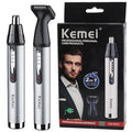 Kemei professional personal care products including a nose hair trimmer and an electric shaver, with packaging displaying the brand name.