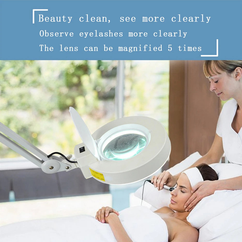 Woman receiving eyelash extension treatment with a magnifying lamp in a spa setting.