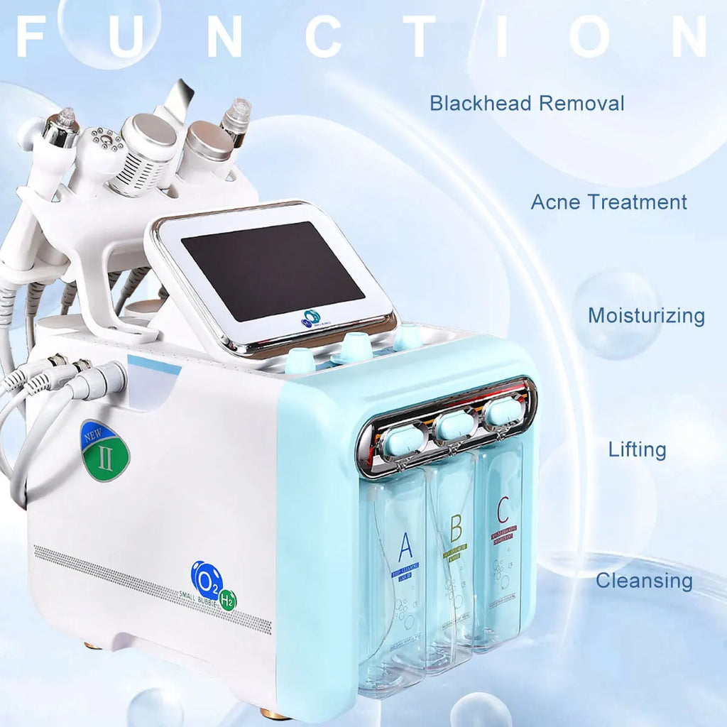 Skincare device with various functions on a light blue background