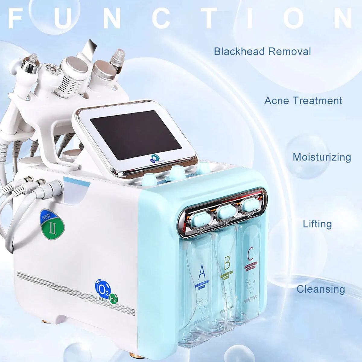 Skincare device with various functions on a light blue background