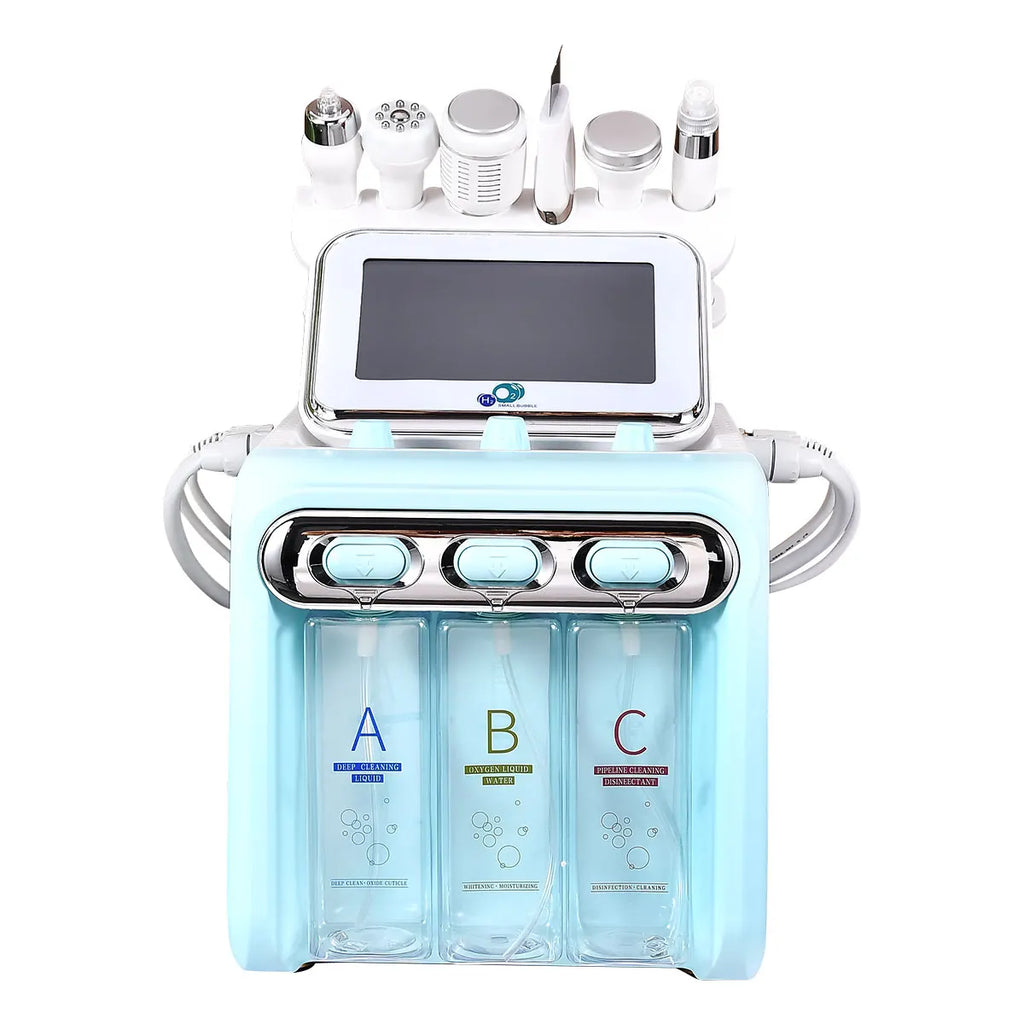 Skincare device with bottles labeled A, B, and C on a white background