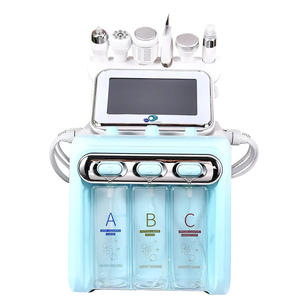 Skincare device with bottles labeled A, B, and C on a white background