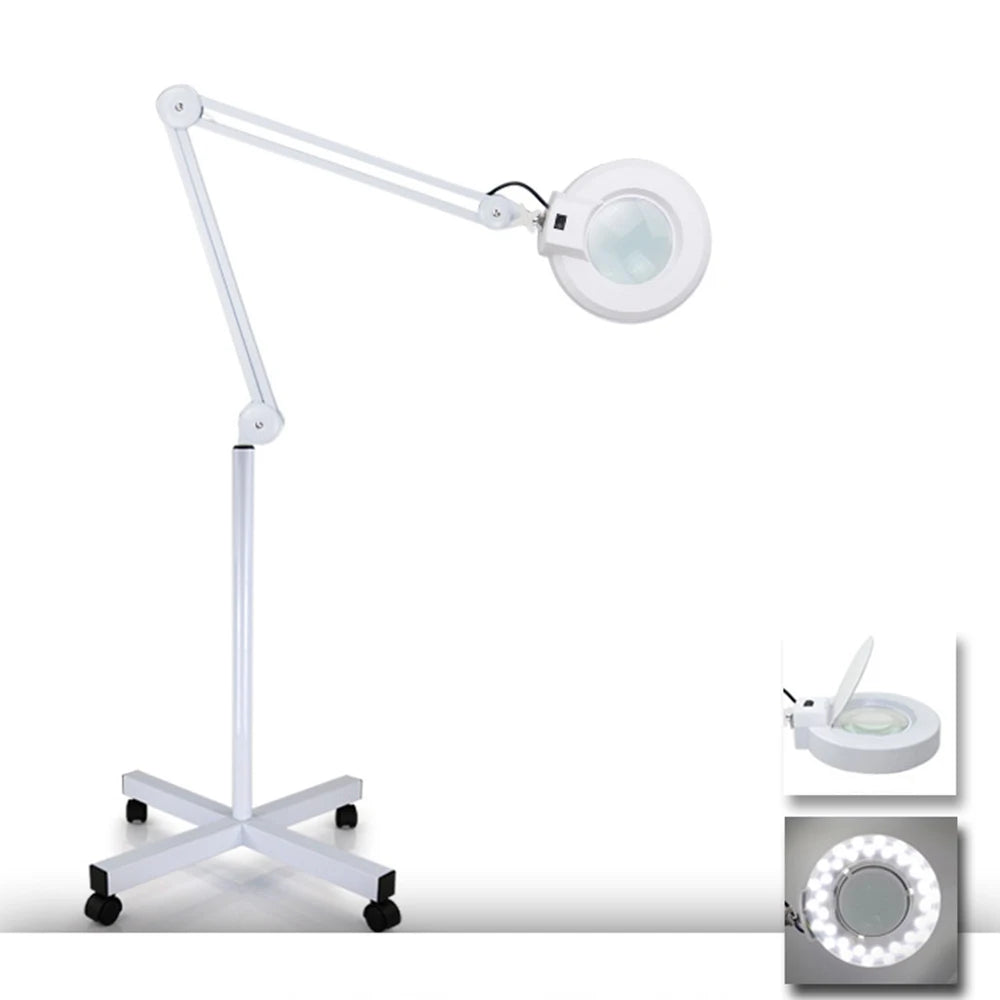 White magnifying lamp with adjustable arm on a white background