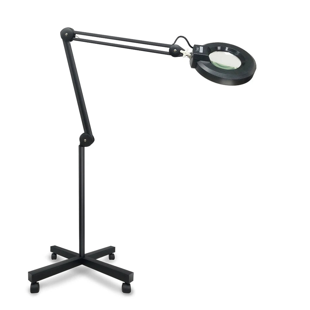 Black magnifying lamp with adjustable arm on a white background