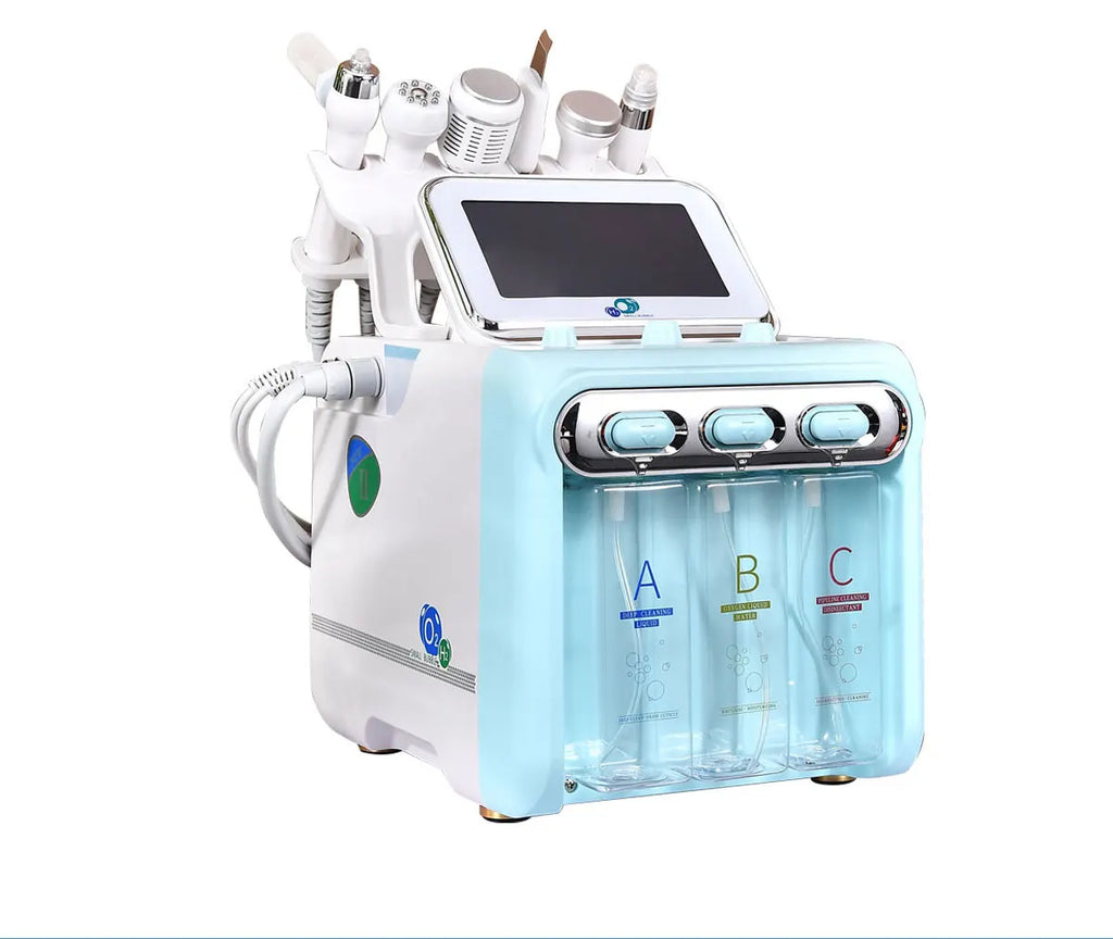Skincare device with multiple bottles labeled A, B, and C on a white background