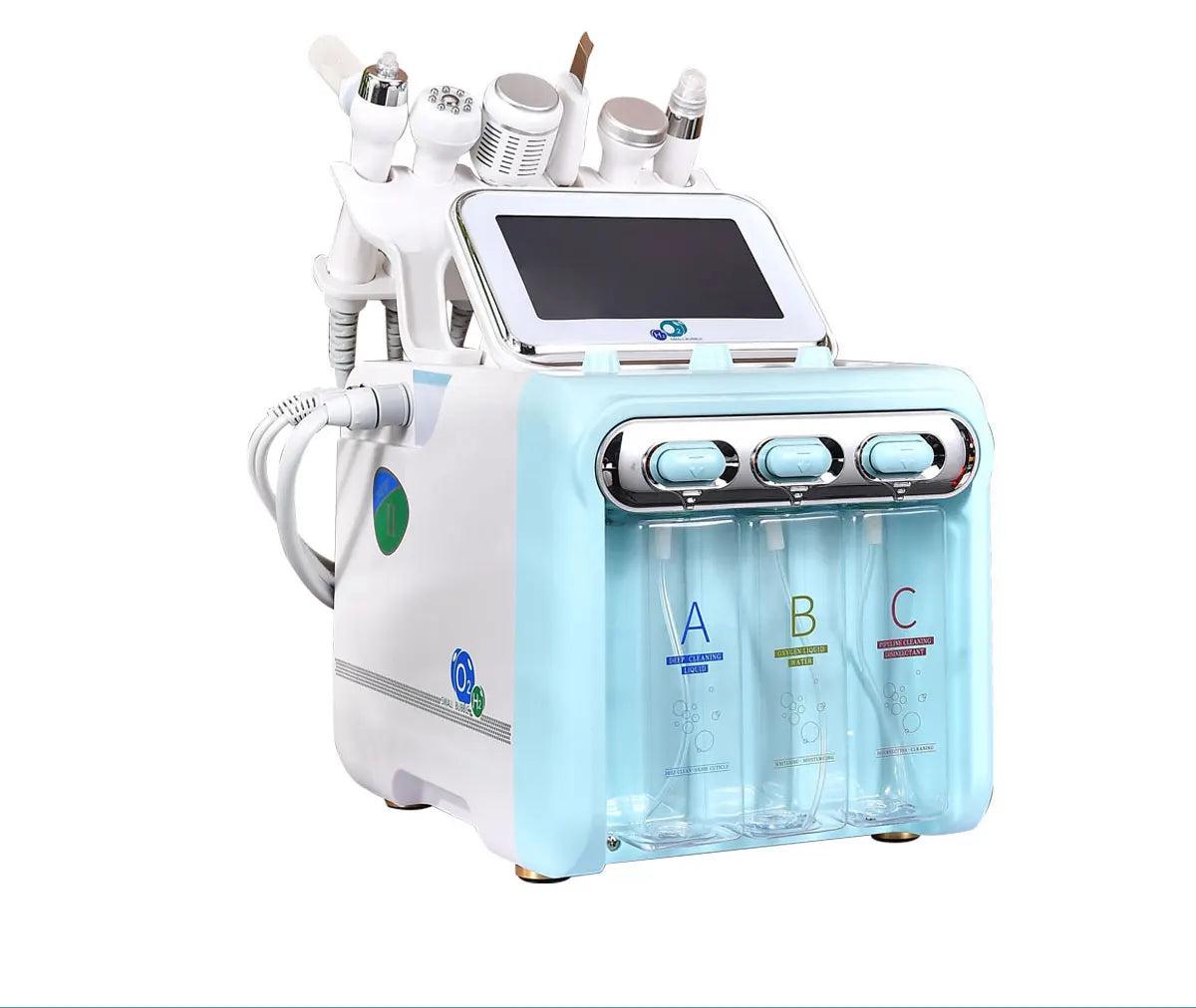 Skincare device with multiple bottles labeled A, B, and C on a white background