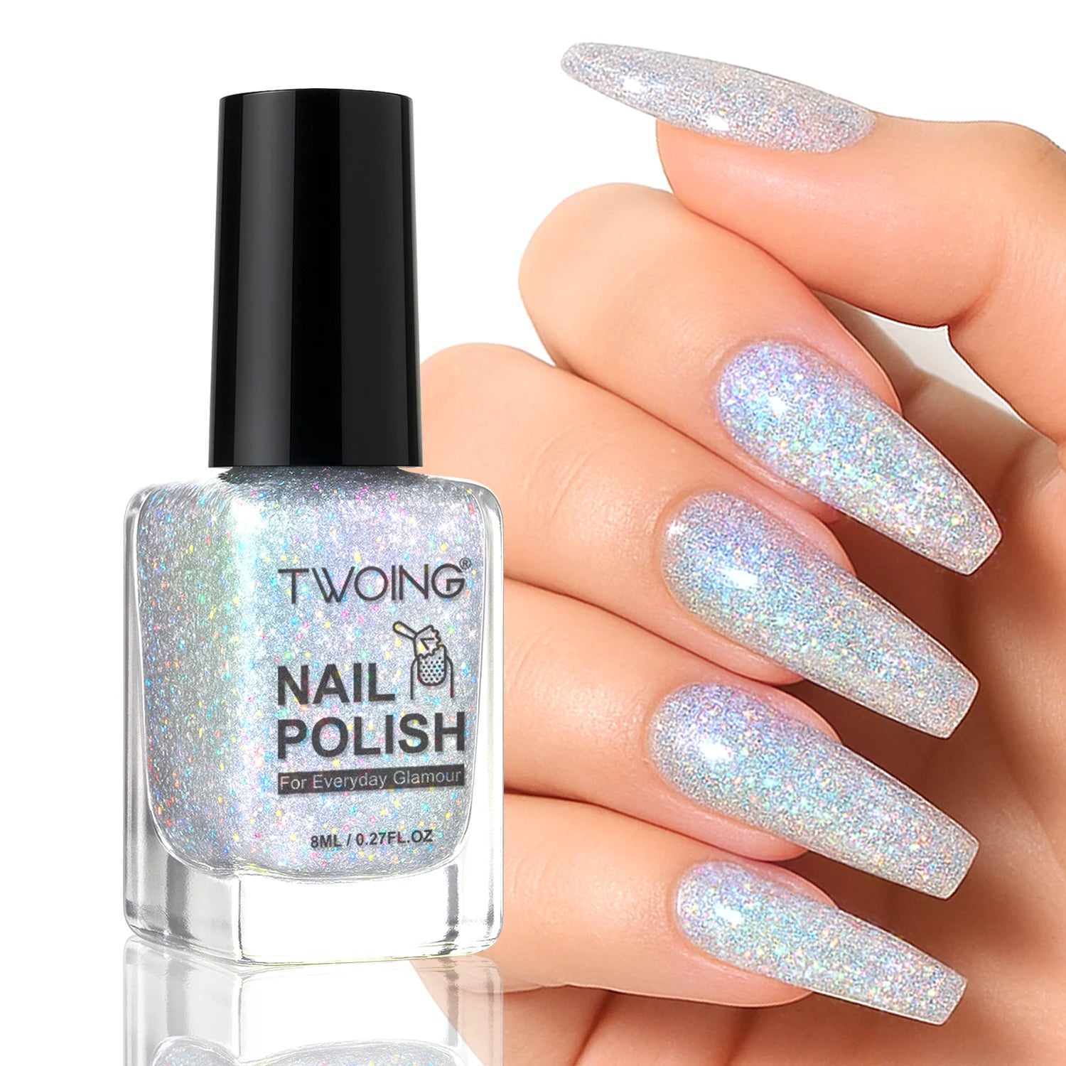 Nail polish bottle with glittery nails and 'TWOING' branding