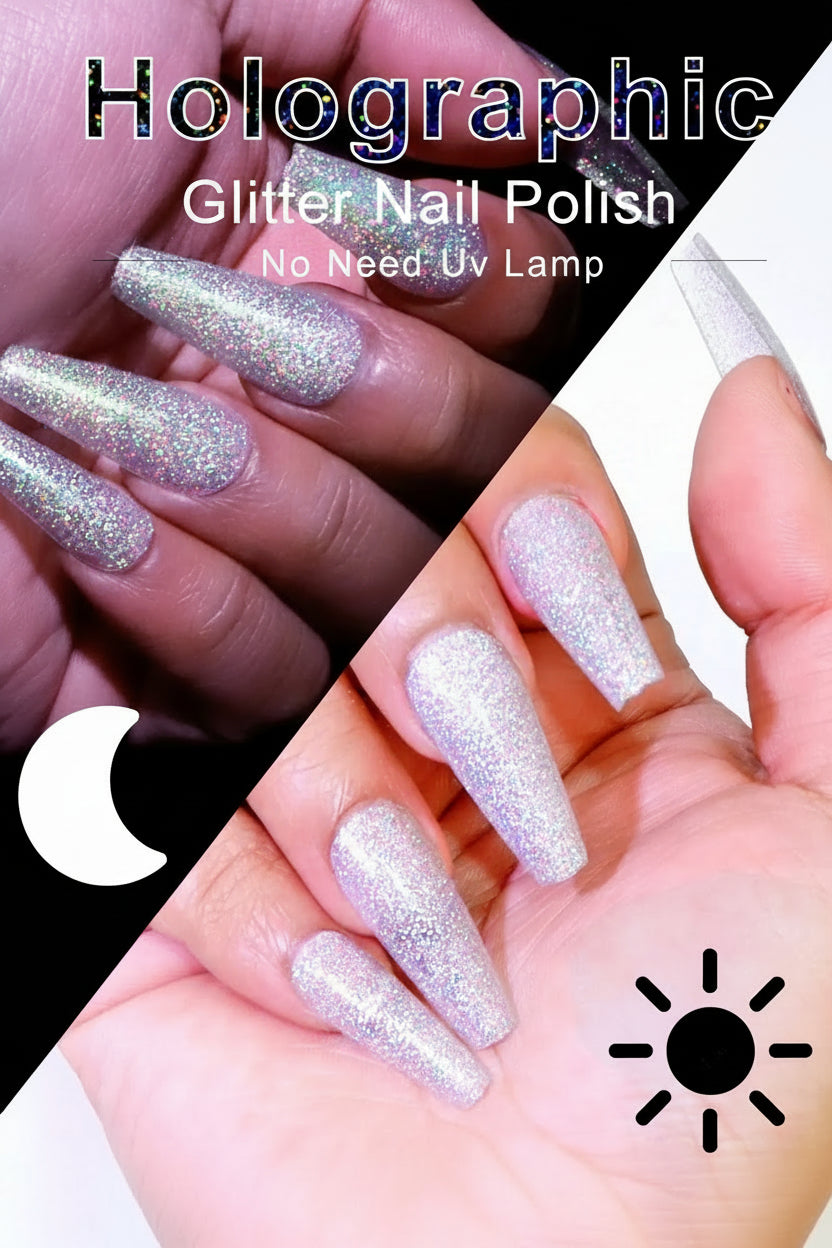 Holographic Glitter Silver Nail Polish on Long Nails