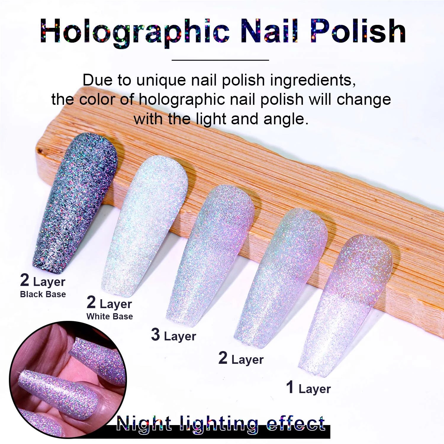 Holographic nail polish with application layers and light effect on a wooden stick.