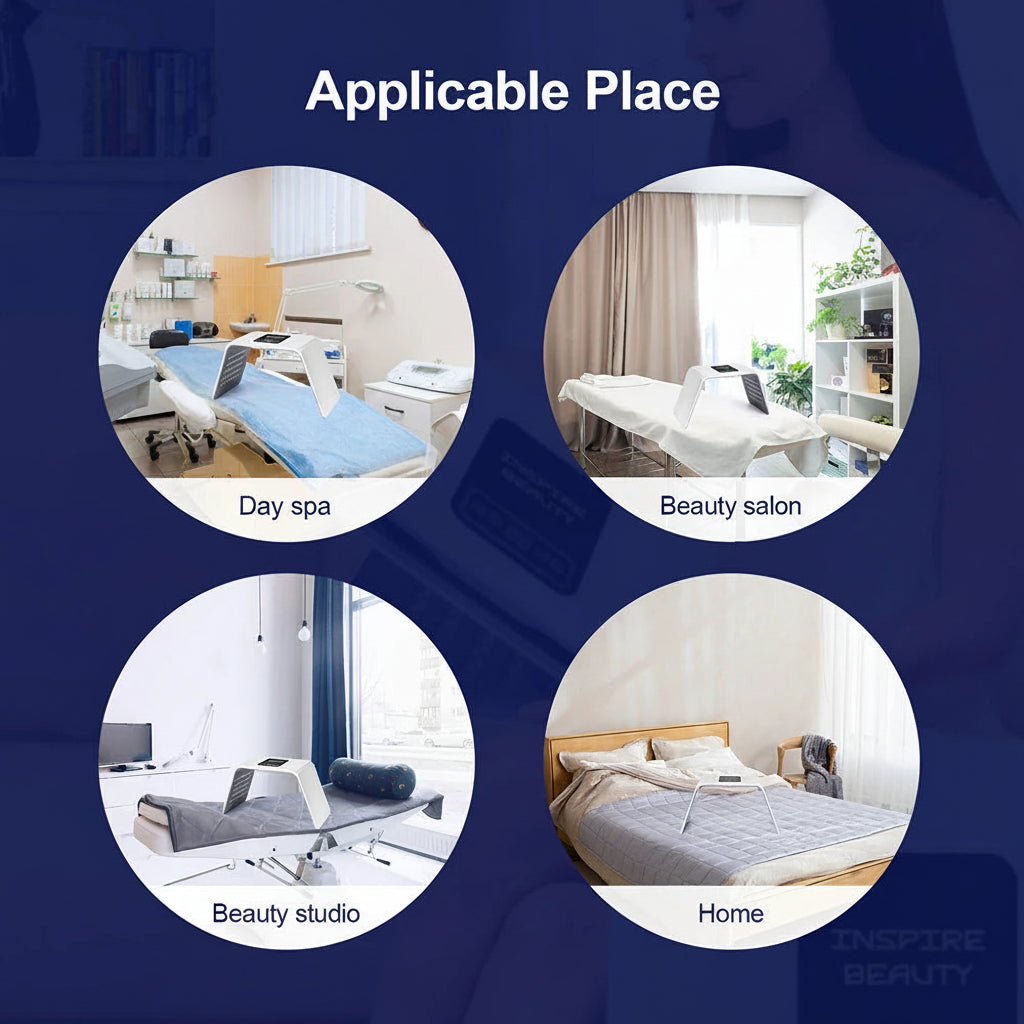 Four circular images showing different settings where a beauty product can be used: beauty hospital, beauty salon, beauty studio, and home.