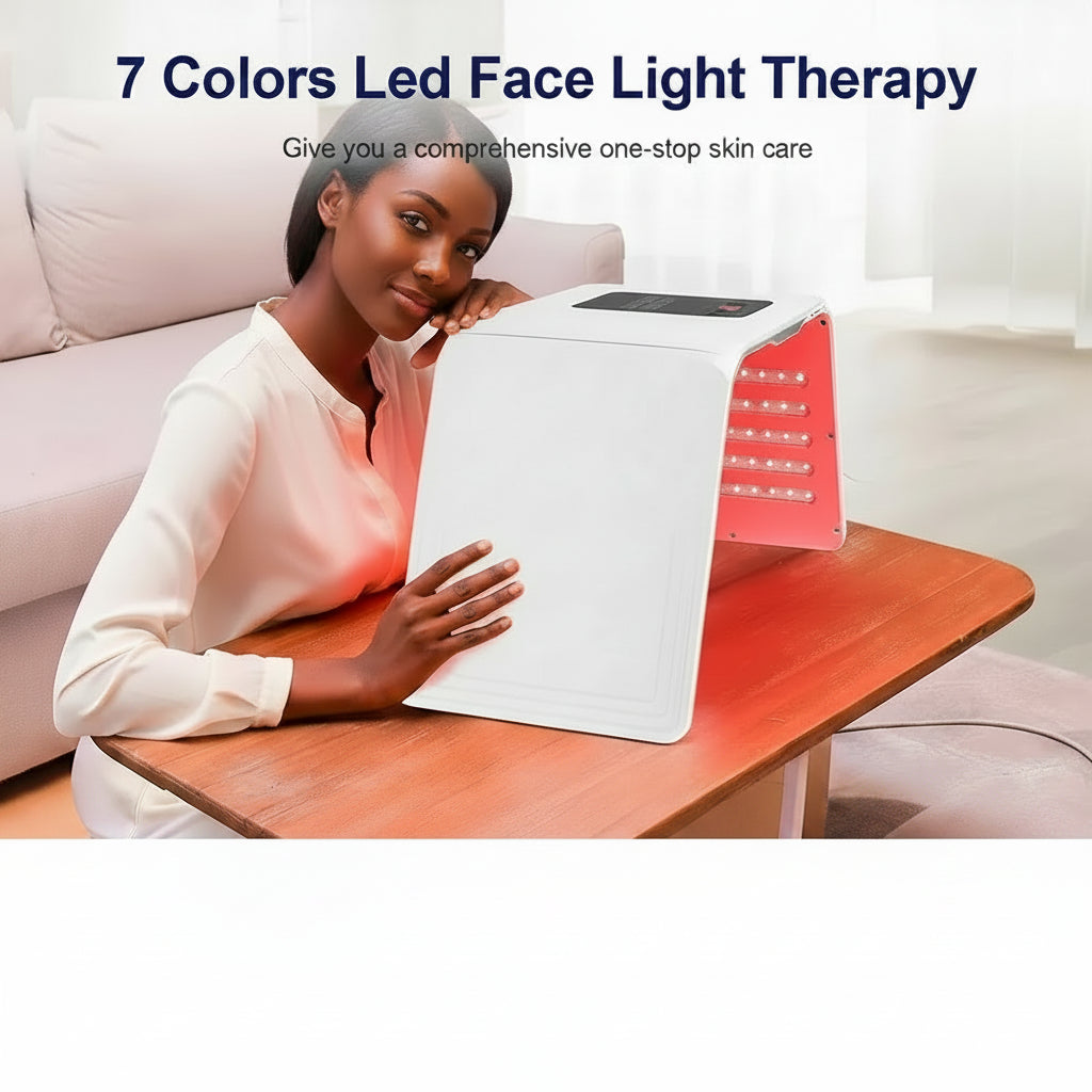 Woman using a 7 Colors LED Face Light Therapy device with before-and-after skin effects shown.