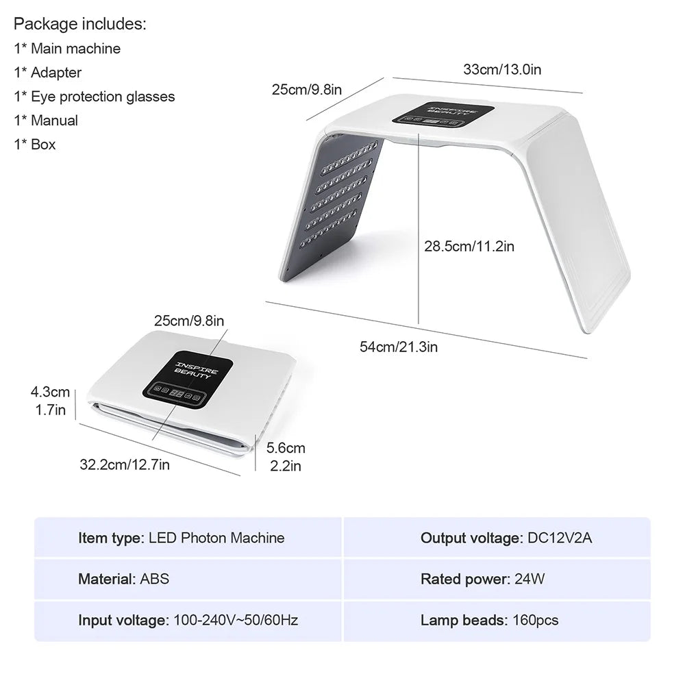 LED Photon Machine with dimensions and specifications on a white background