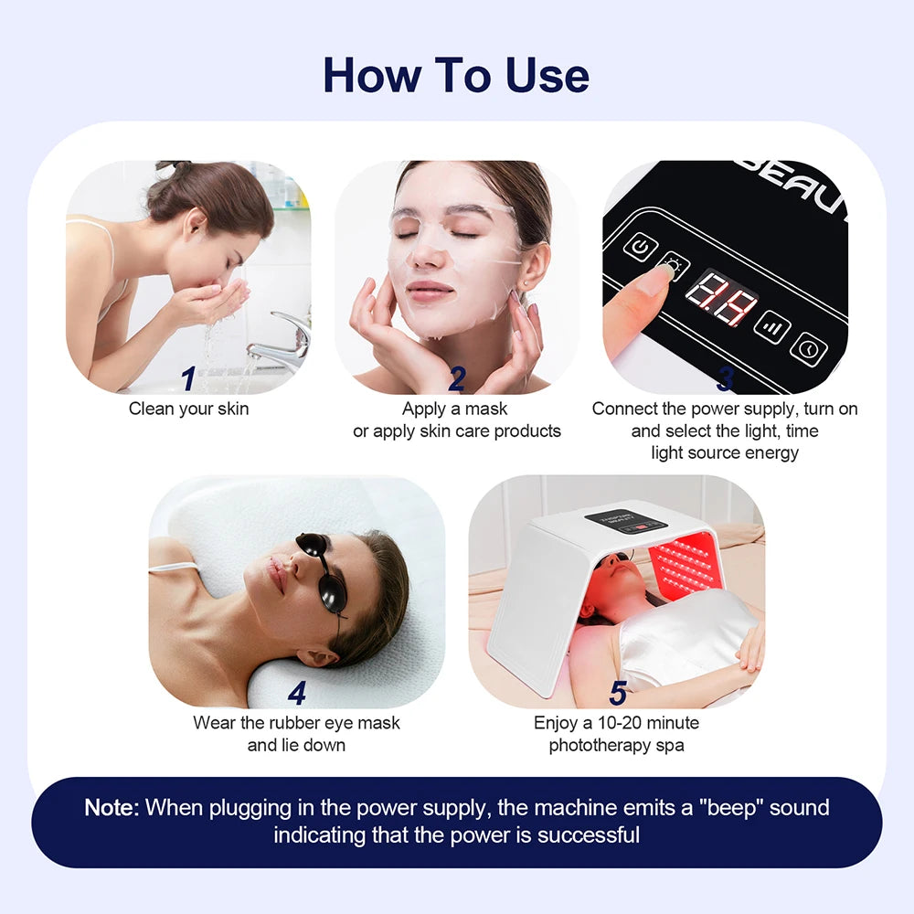 Step-by-step guide on how to use a skincare machine with images and text.
