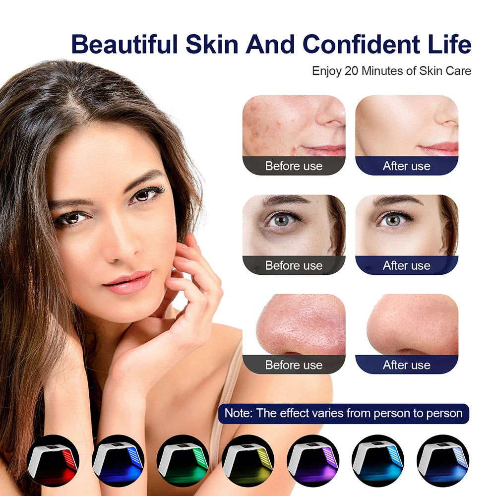 Woman with before and after skin care results shown on a white background