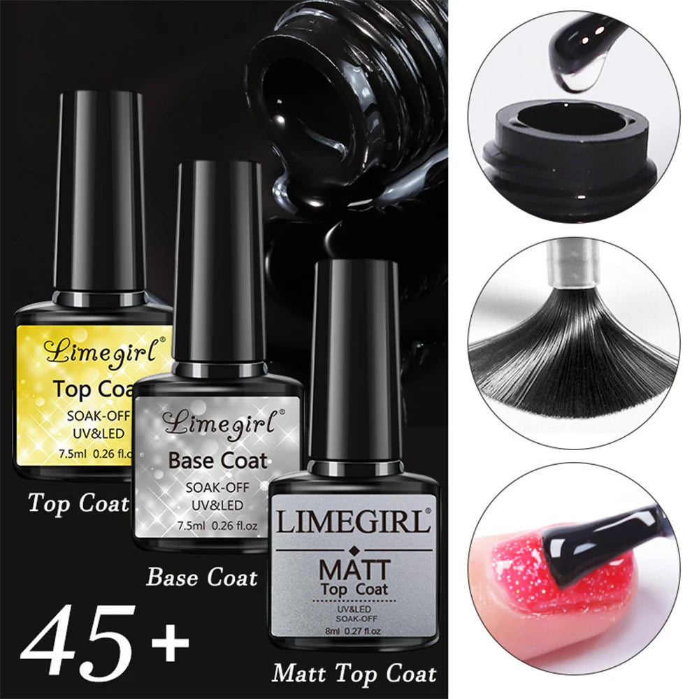 Three nail polish bottles labeled 'Top Coat', 'Base Coat', and 'Matt Top Coat' with close-up insets on a black background.