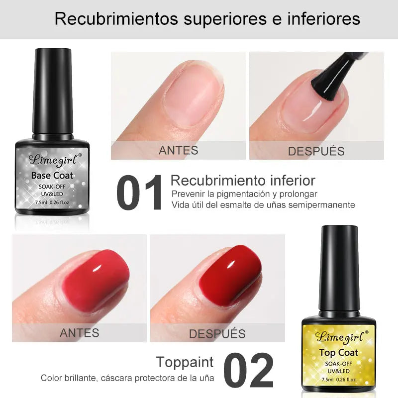 Advertisement for Limegirl nail polish showing before and after effects with base and top coats.