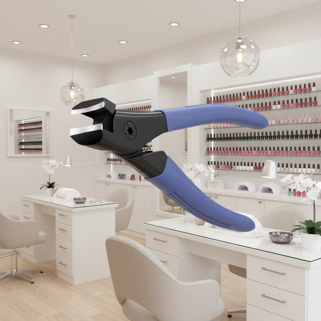 Blue and black nail clipper in front of a nail salon display.