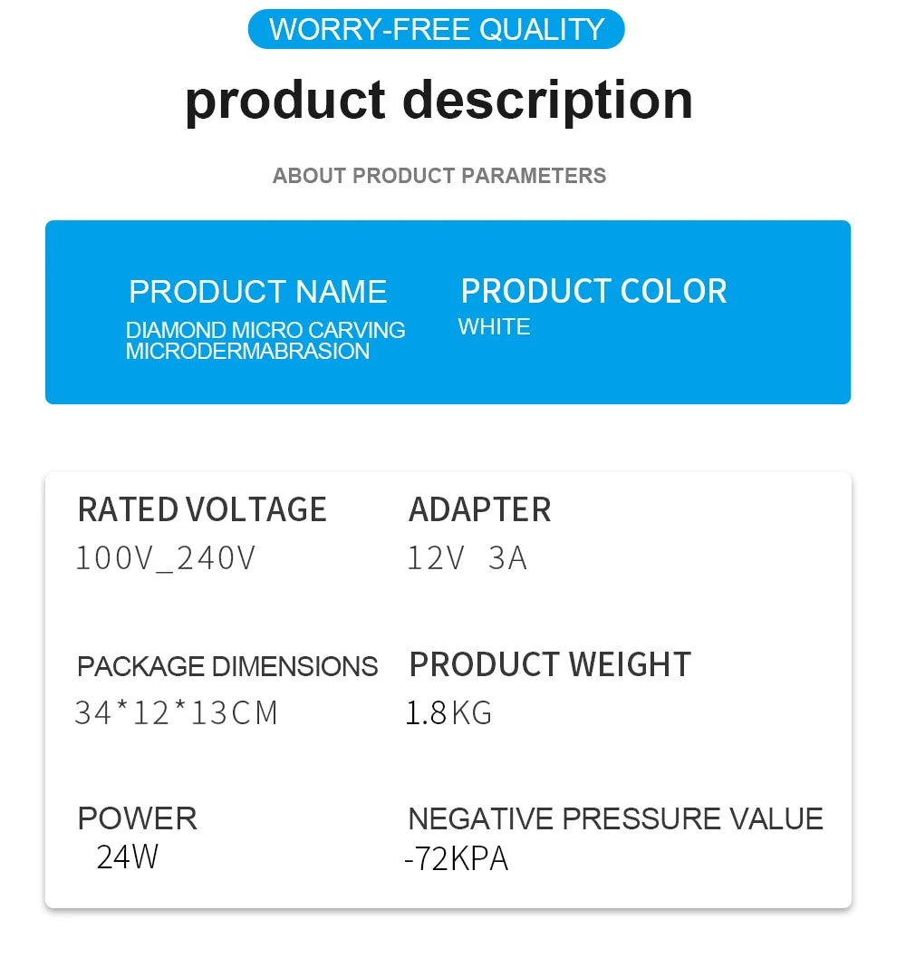 Product description card with technical specifications on a white background