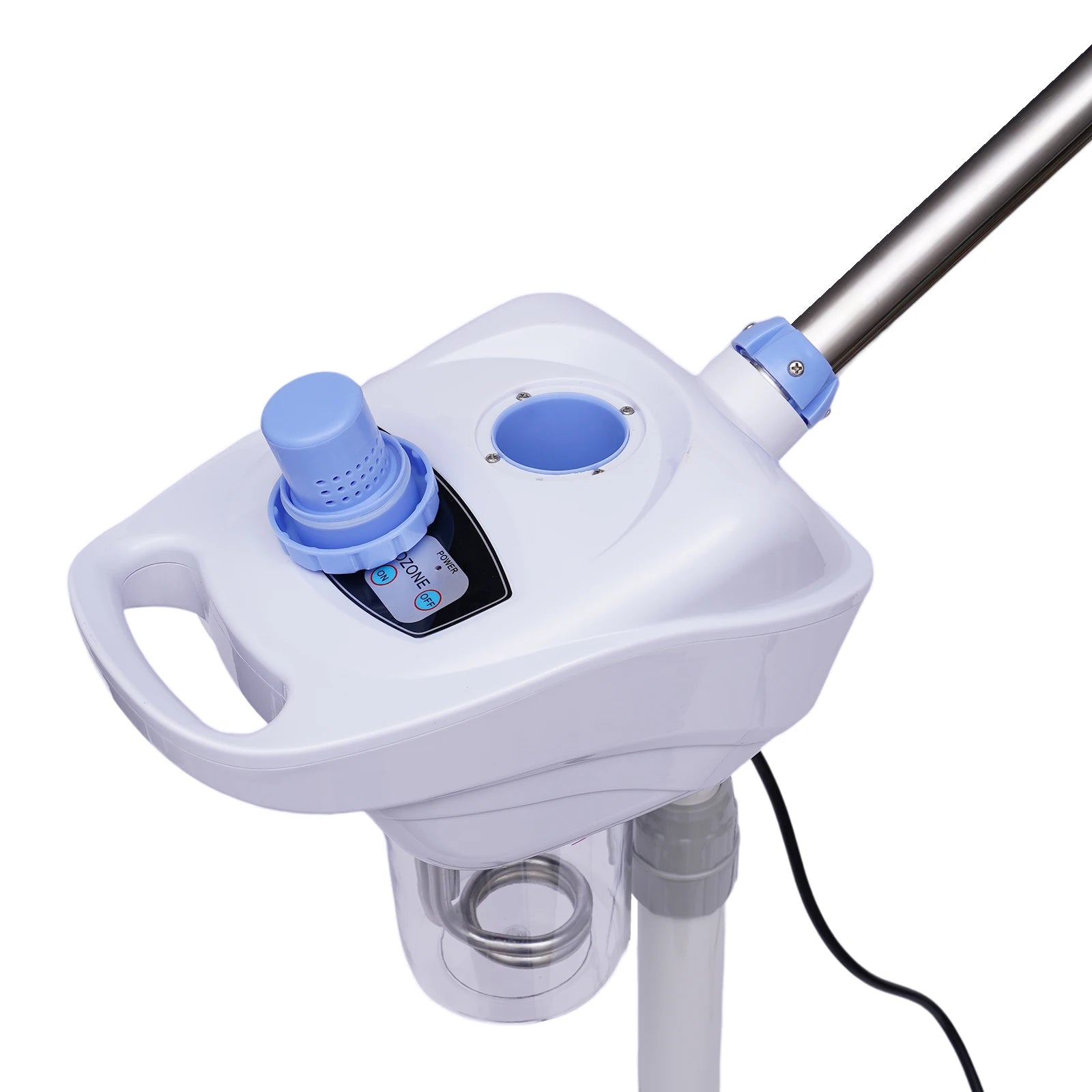 White and blue electronic device with a handle on a white background