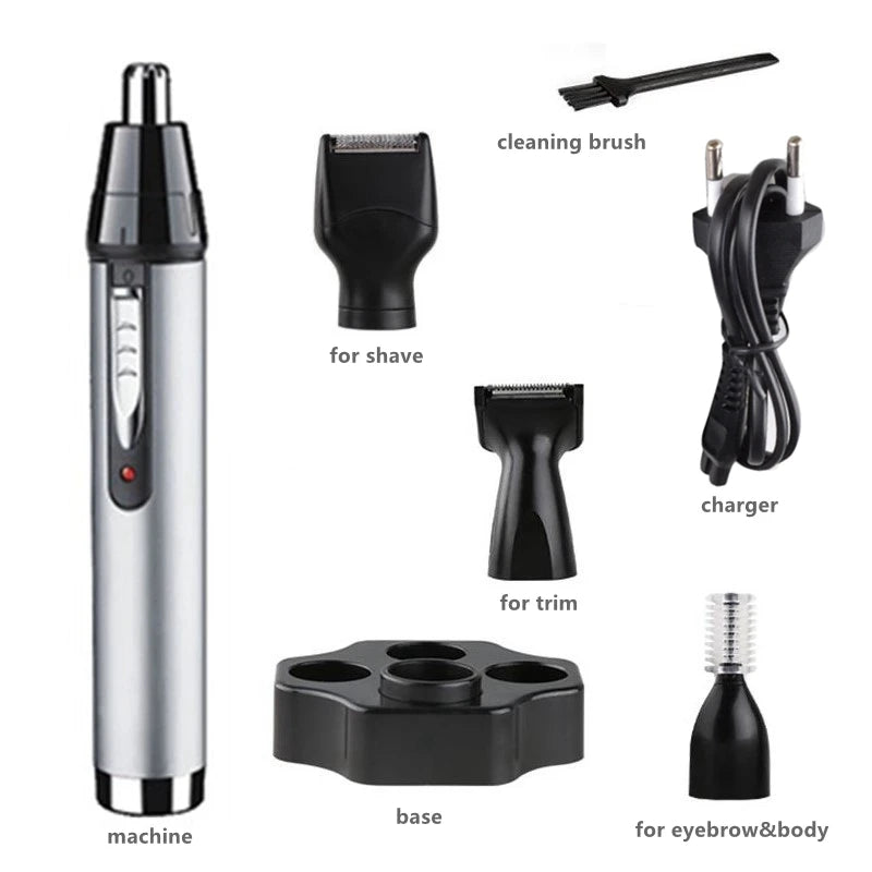 Set of grooming tools including a machine, cleaning brush, trimmer, charger, base, and attachments on a white background.