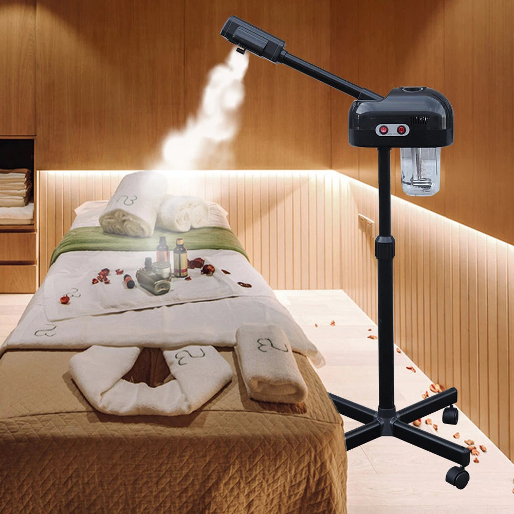 Massage table with a device emitting steam in a spa setting