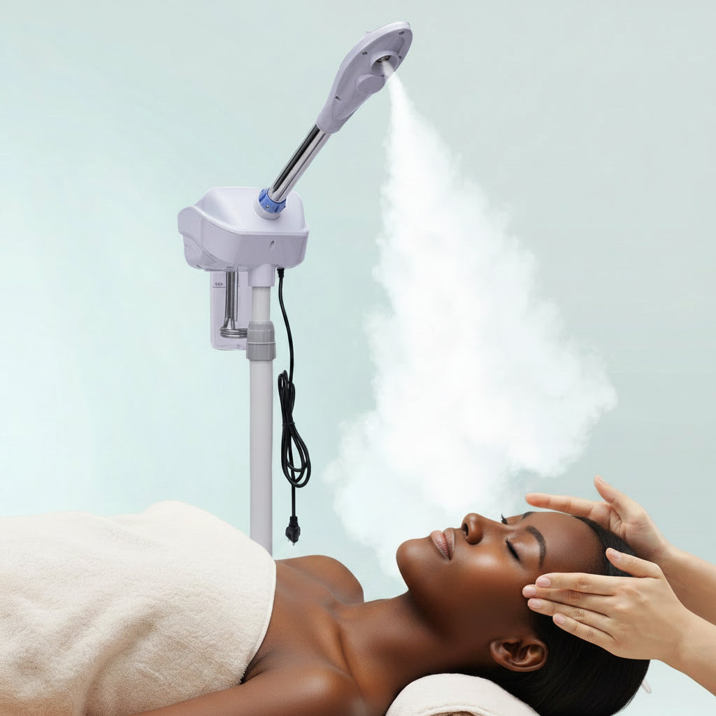 Person receiving a facial treatment with a device spraying mist onto their face against a light blue background