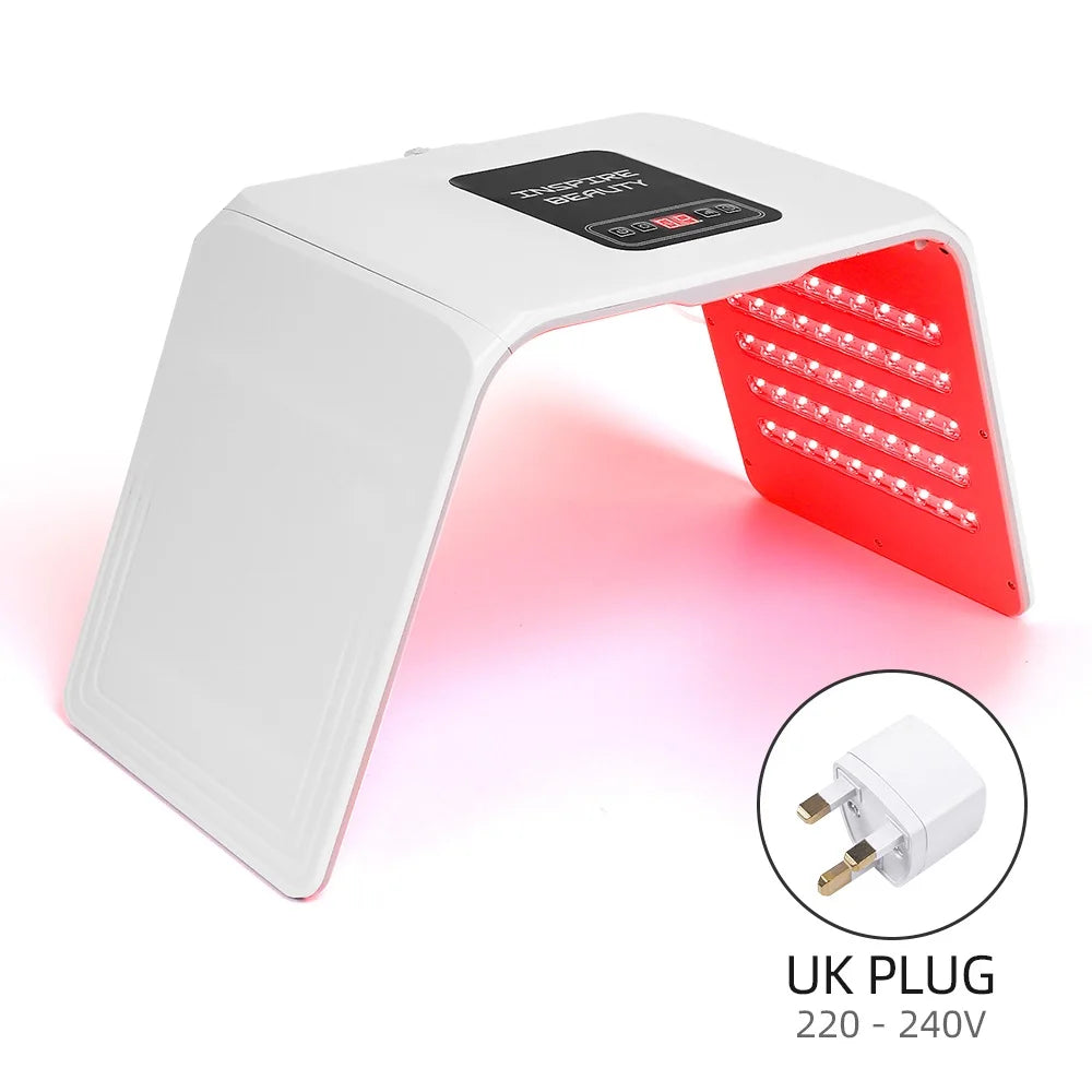 White LED light therapy device with red and pink lights on a white background, including a UK plug icon.